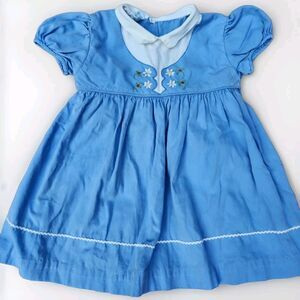 BABY GIRLS EMBROIDERED DRESS SIZE 12-18 MONTH BLUE WITH FLOWERS